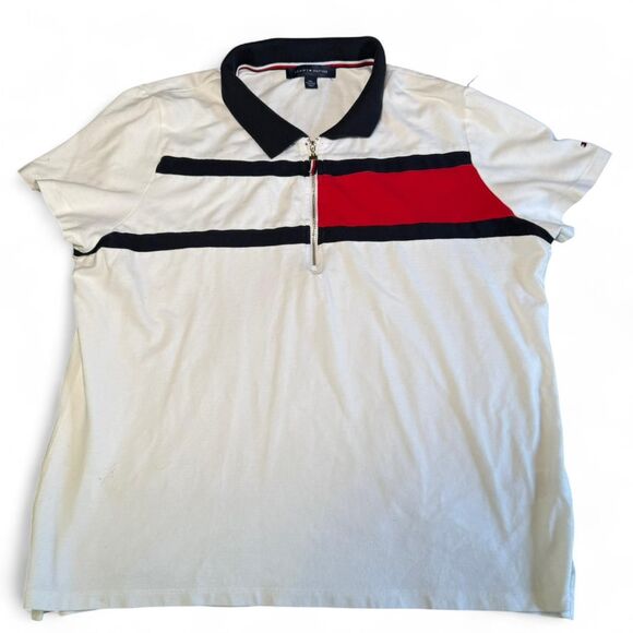 Tommy Hilfiger XXL Polo Shirt Quarter 1/4 Zip Stripe White Navy Red Sailing - Picture 3 of 9